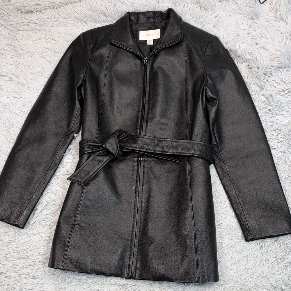 Worthington Jacket Womens S Petite Coat Leather Black Zip Up Belt Career Pockets
